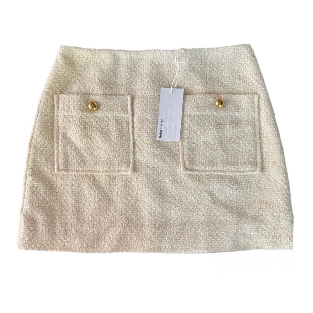REFORMATION *NWT* Aurelia Tweed Mini Skirt Size 0 in White (Cream) Gold Buttons